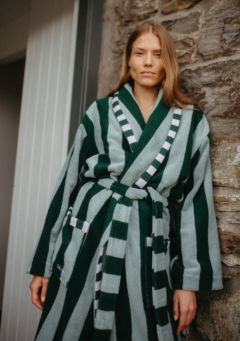 Cotton Bath Robe in Green Stripe by TBCo, lightweight plush cotton with contrasting trim and two pockets.