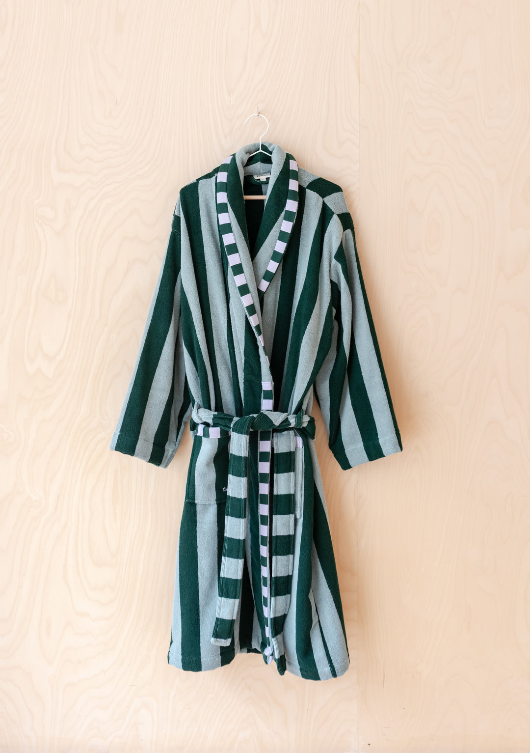 Cotton Bath Robe in Green Stripe by TBCo, lightweight plush cotton with pockets, sash, and contrasting checkerboard trim.
