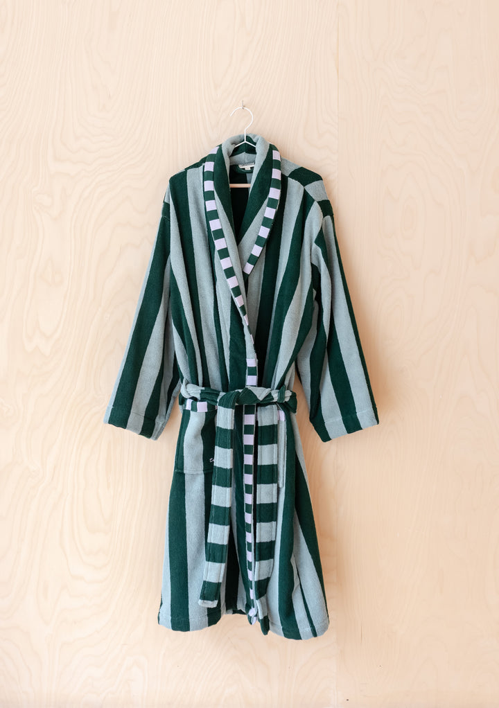 Cotton Bath Robe in Green Stripe by TBCo, lightweight plush cotton with pockets, sash, and contrasting checkerboard trim.
