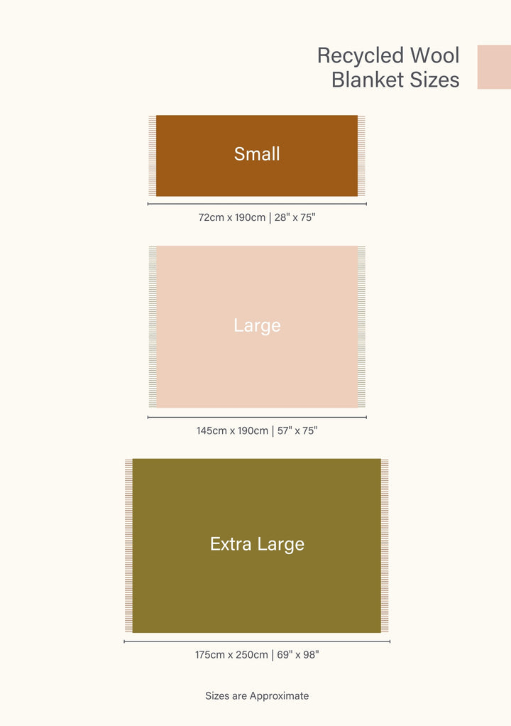 TBCo Size chart for Small, Large and Extra Large Recycled Wool Blankets each in a different colour with product dimensions included