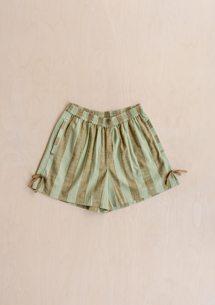 Cotton Tie Shorts in Green & Brown Stripe