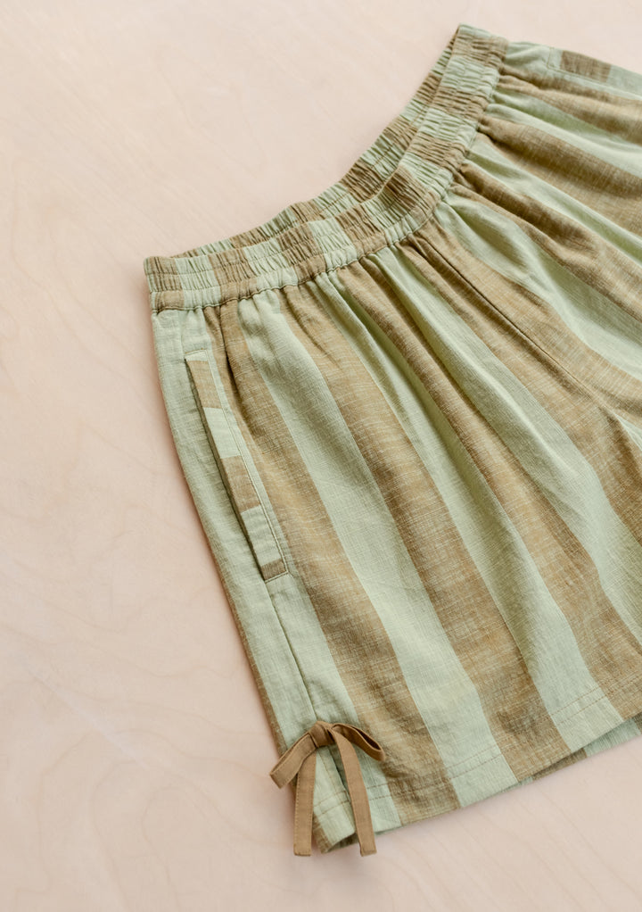 Cotton Tie Shorts in Green & Brown Stripe