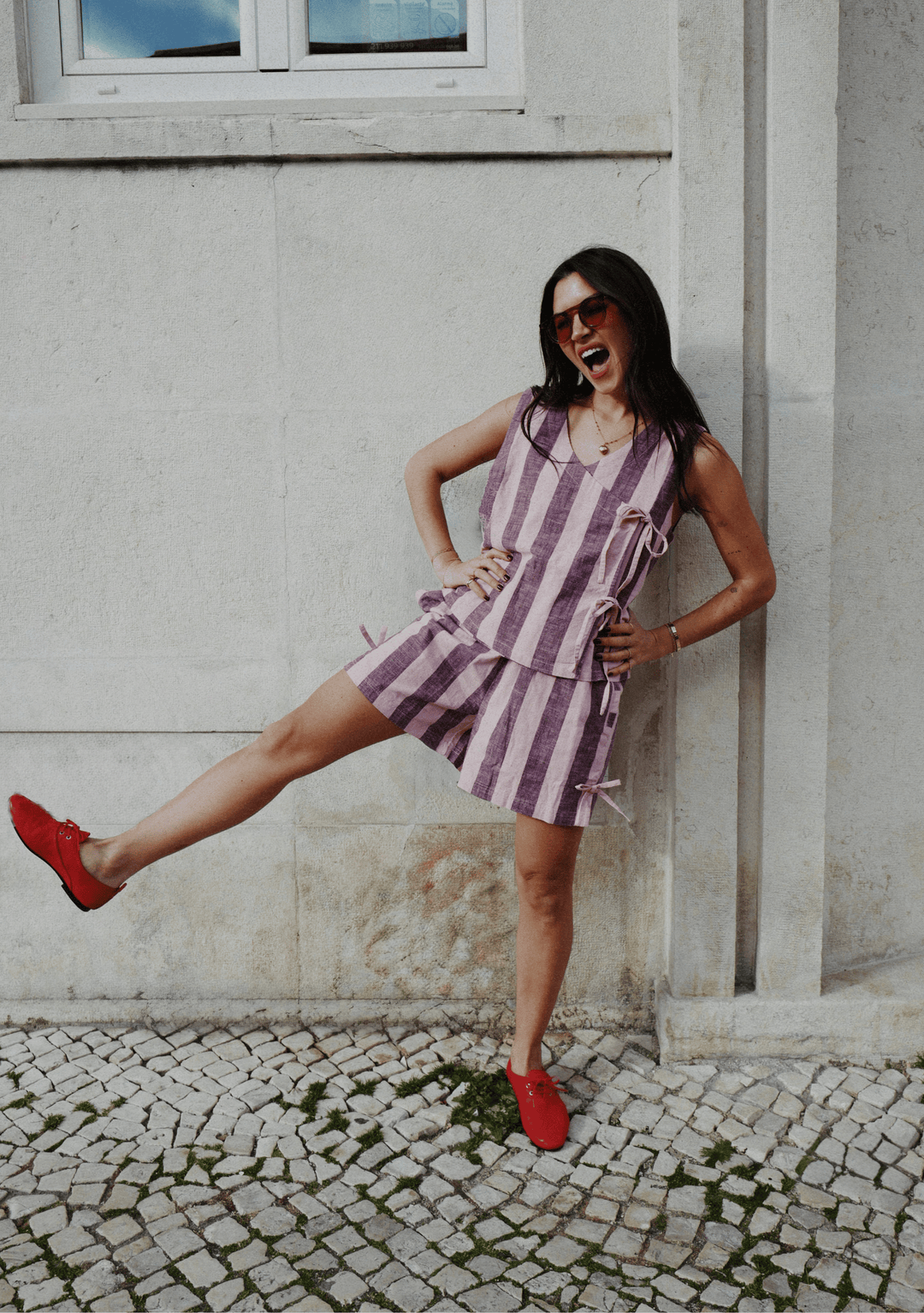 Cotton Tie Shorts in Pink & Burgundy Stripe