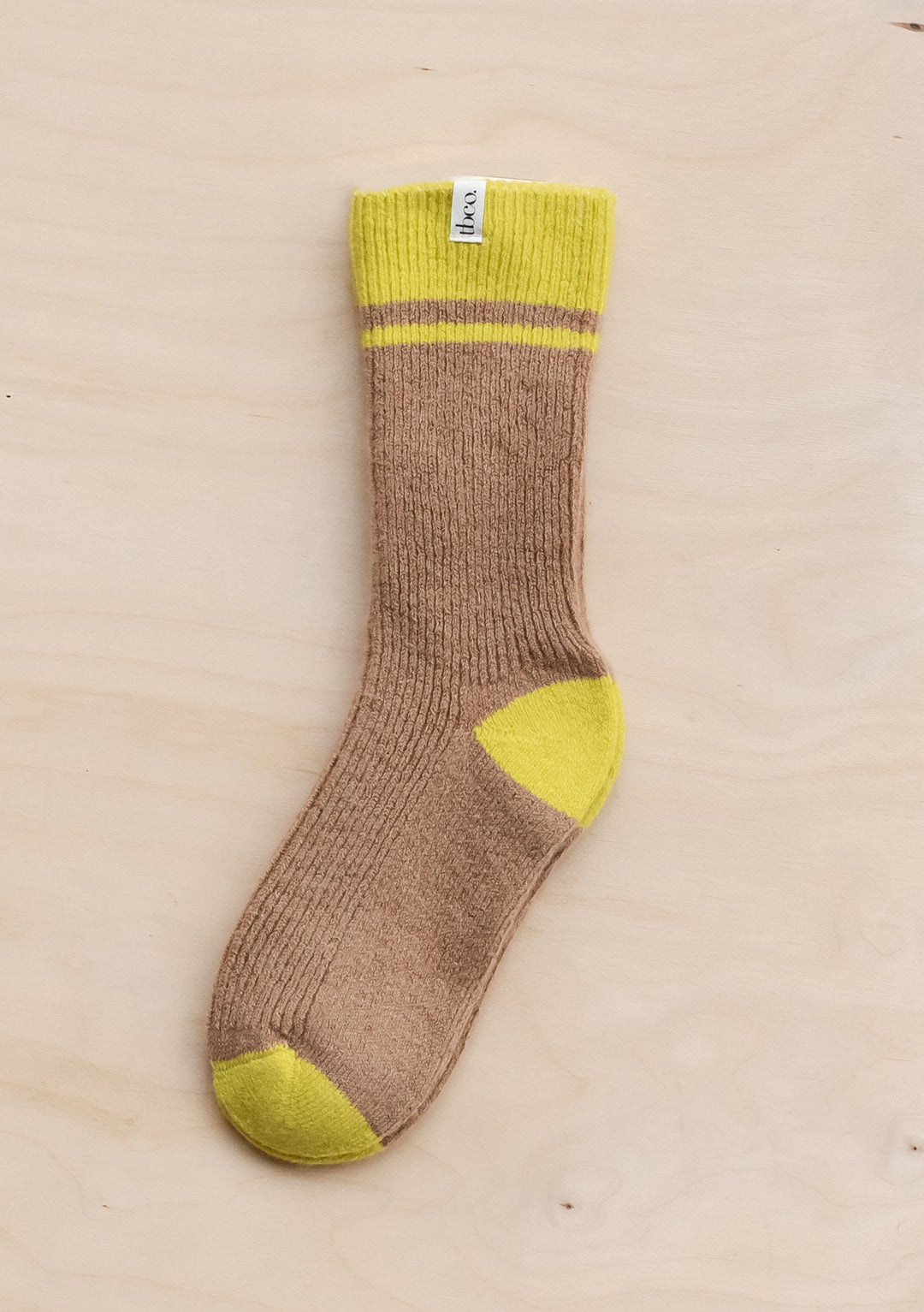 TBCo Merino Striped Socks in Camel with yellow accents at cuff, heel and toe, made from premium merino wool blend