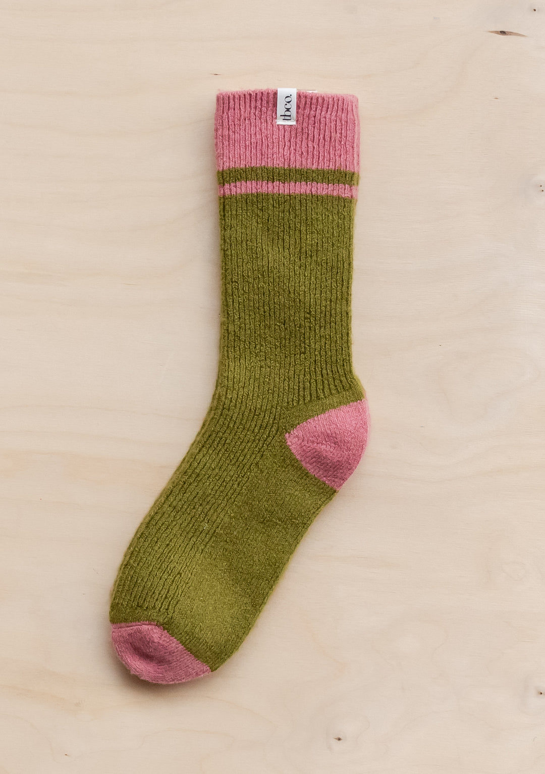 TBCo Merino Striped Socks in Green with pink accents at cuff, heel and toe, knitted in luxury merino wool blend