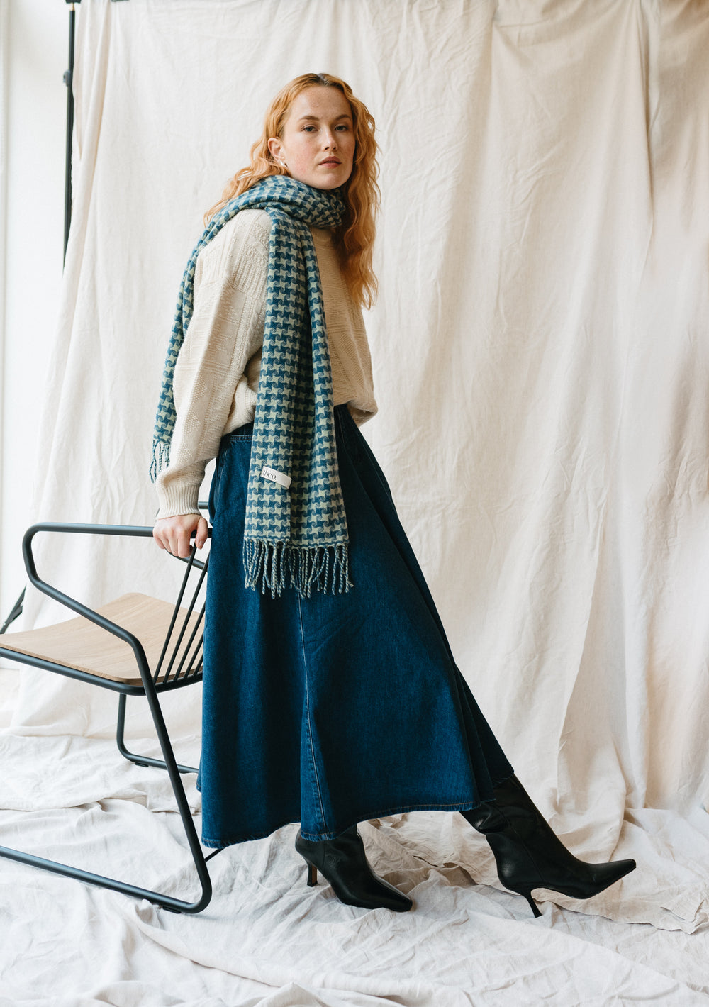 TBCo - Sample Sale Cashmere Oversized Scarf in Green Star Houndstooth