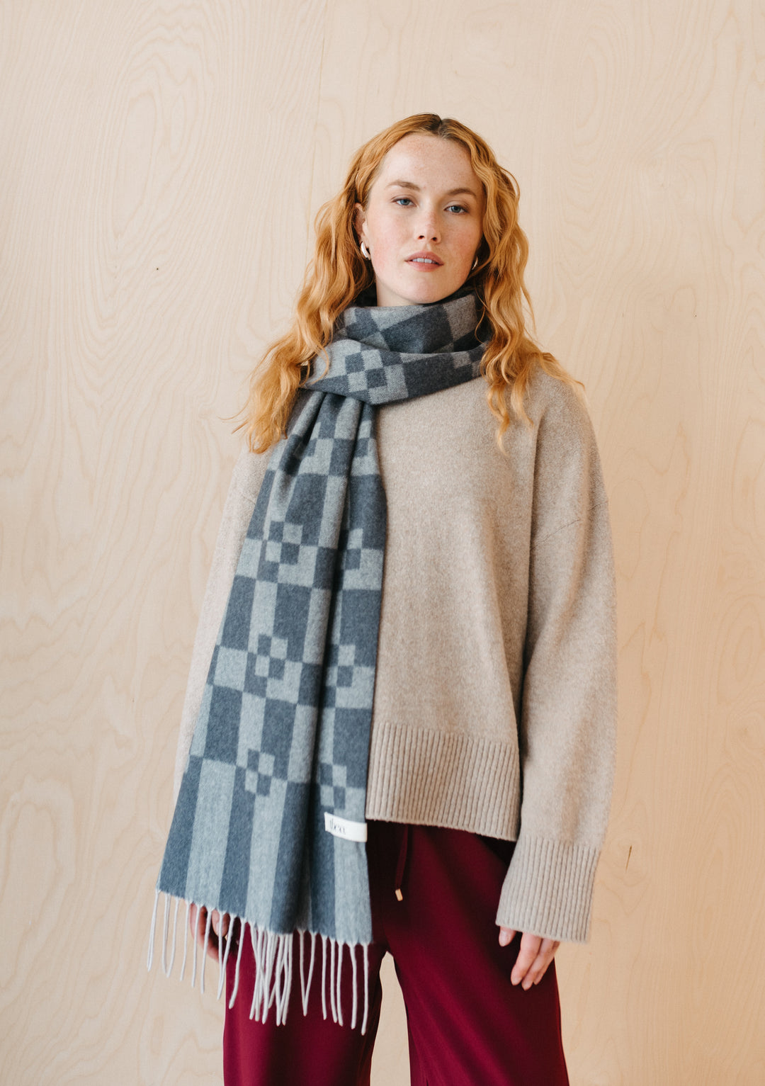 TBCo Cashmere & Merino Oversized Scarf in Charcoal Geometric Block pattern with grey checkered design and fringed edges