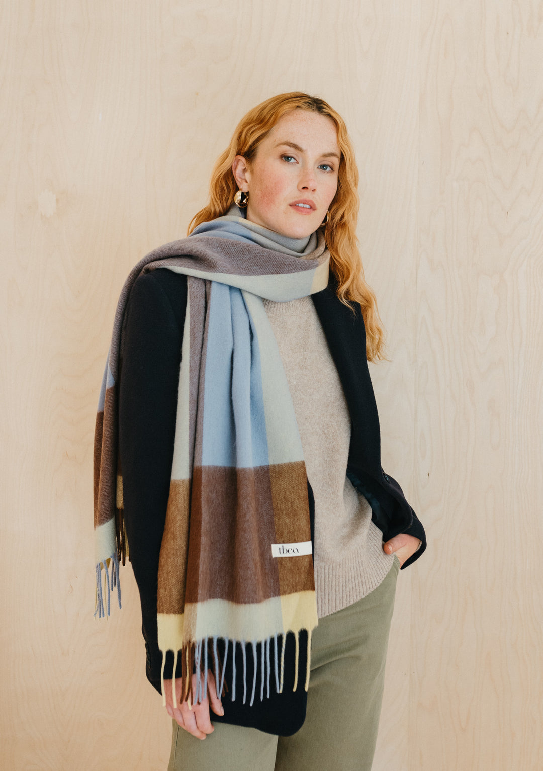 Elegant TBCo Lambswool Oversized Scarf in Lilac Edge Check styled with fringed ends and multicoloured block pattern