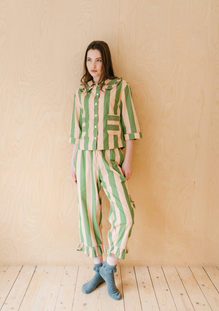 Cropped Cotton Pyjamas in Green Stripe