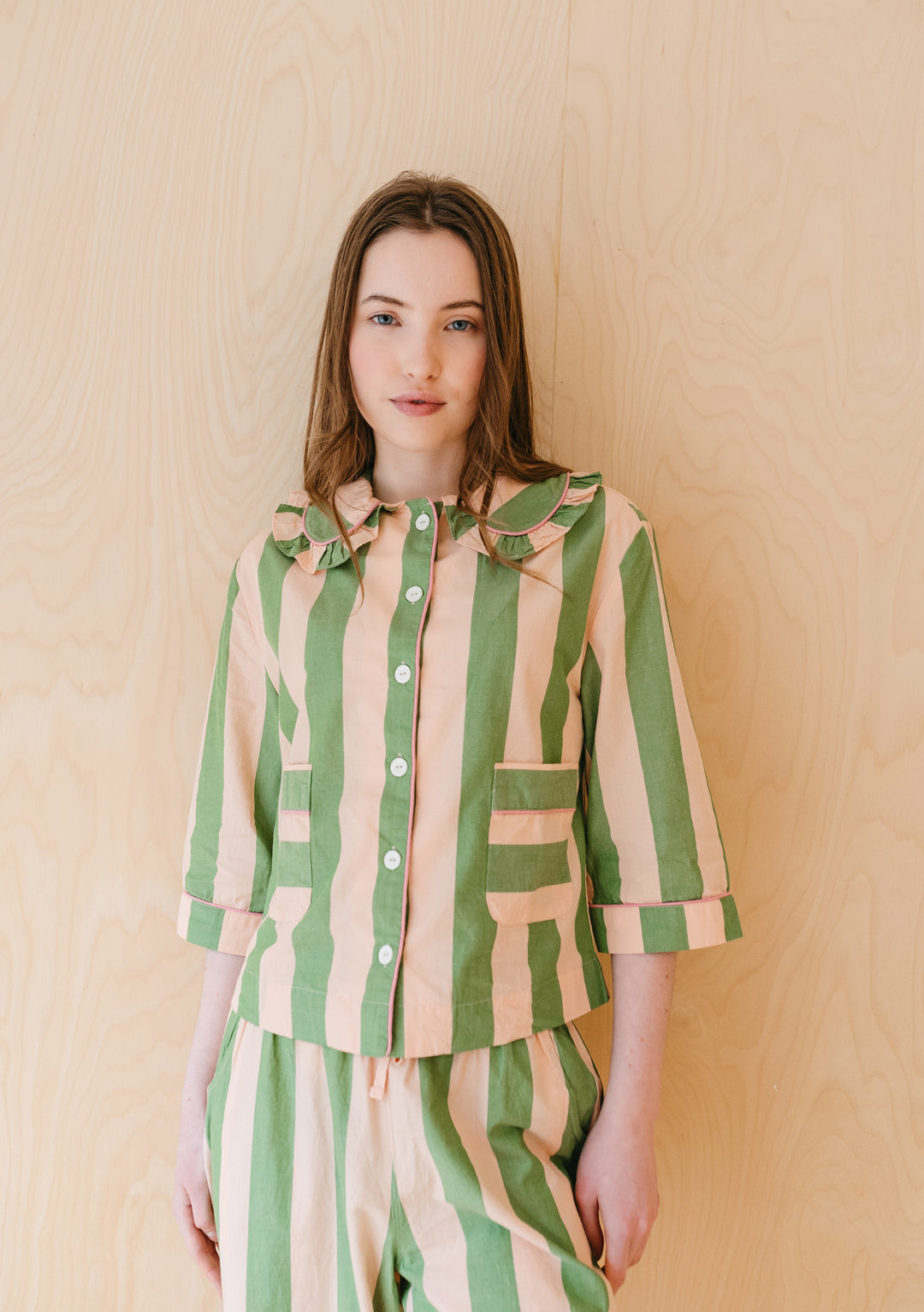 Cropped Cotton Pyjamas in Green Stripe