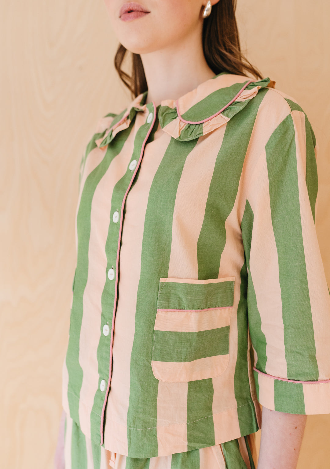 Cropped Cotton Pyjamas in Green Stripe
