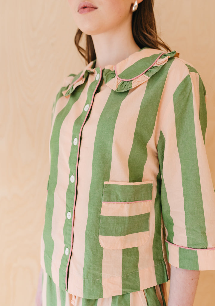 Cropped Cotton Pyjamas in Green Stripe