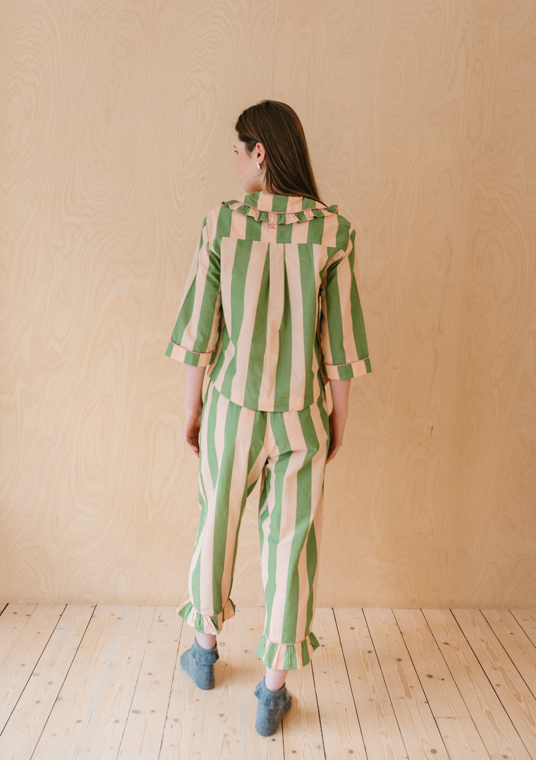 Cropped Cotton Pyjamas in Green Stripe