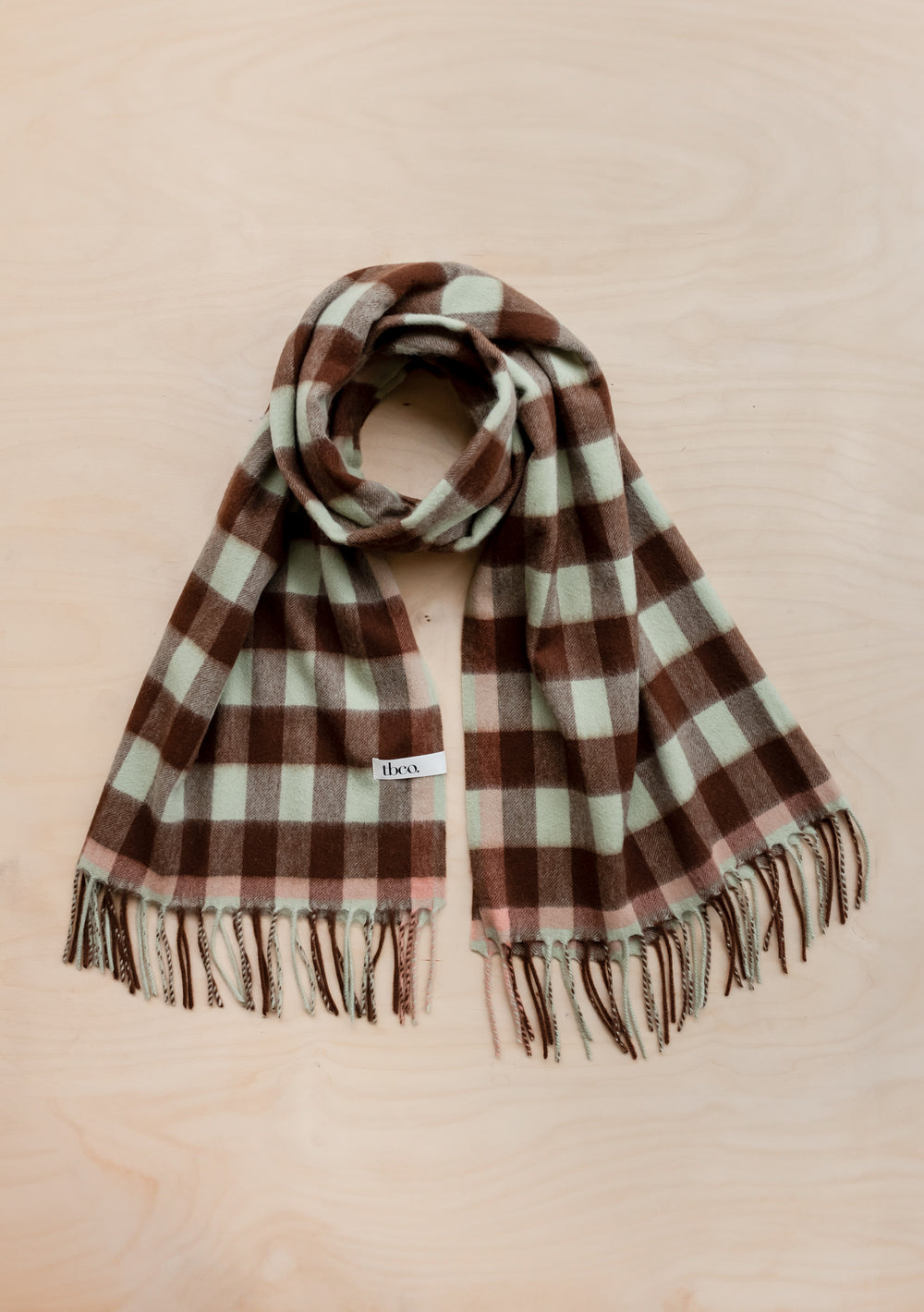 TBCo Lambswool Blanket Scarf in Green Gingham featuring mint and brown check pattern with fringed ends, displayed flat