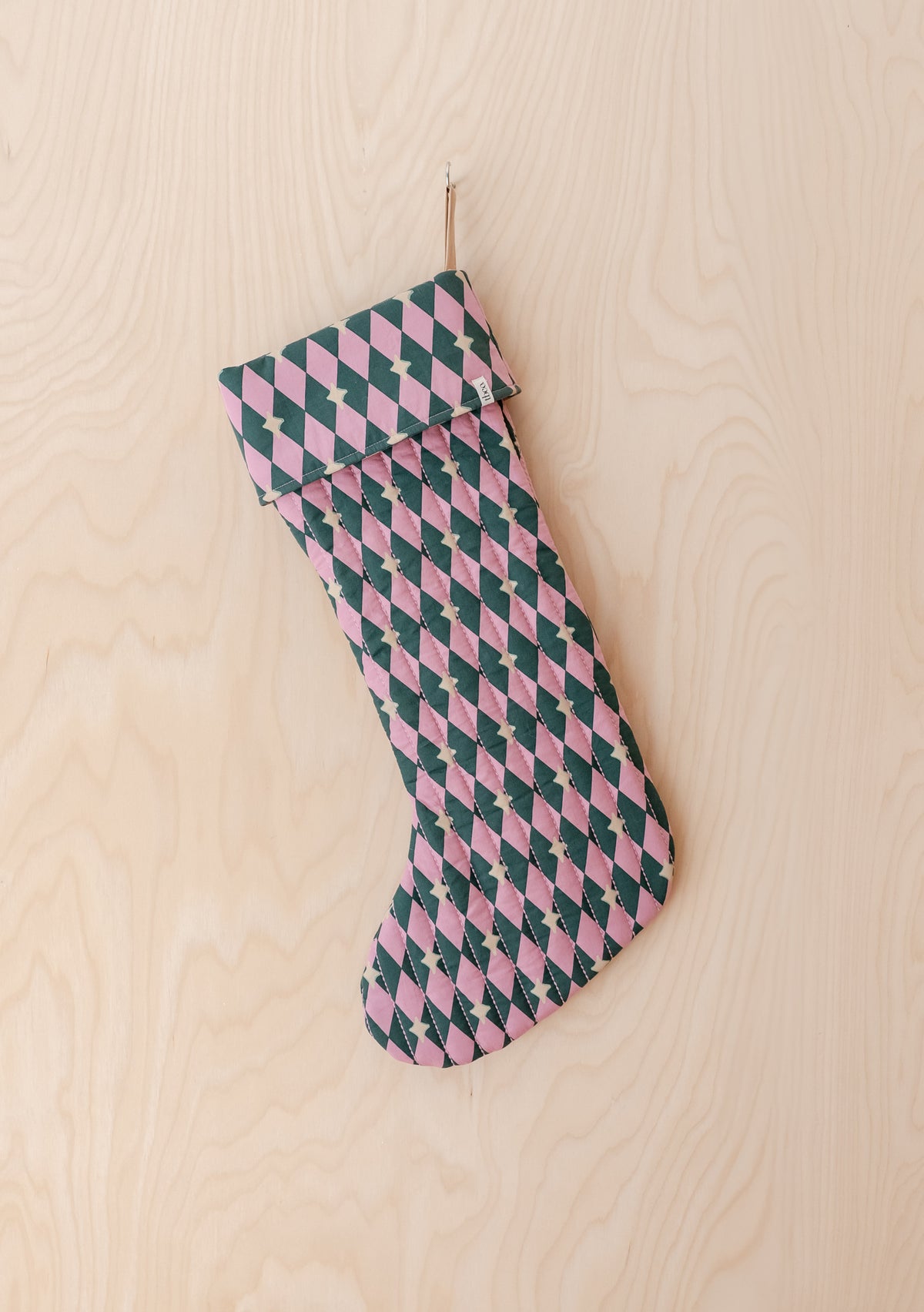 Quilted Cotton Christmas Stocking in Pink Harlequin