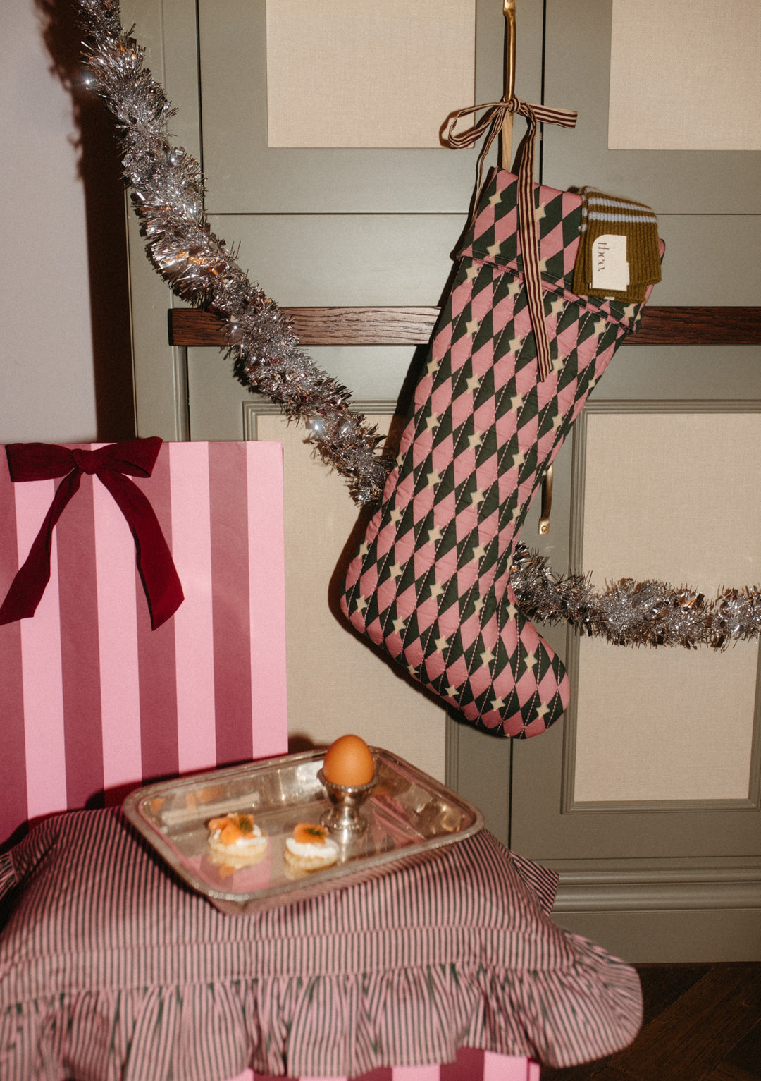 Quilted Cotton Christmas Stocking in Pink Harlequin