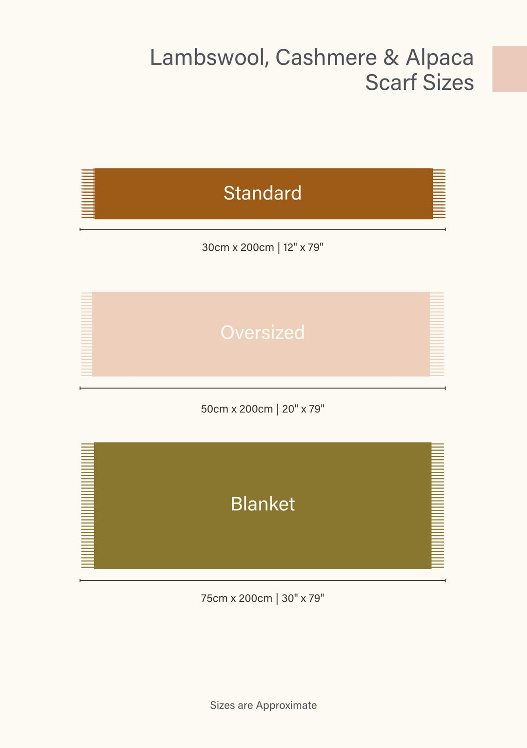 TBCo Size chart for Standard Scarf, Oversized Scarf and Blanket Scarf Products in Lamsbwool and Cashmere. Each in a different colour with product dimensions included
