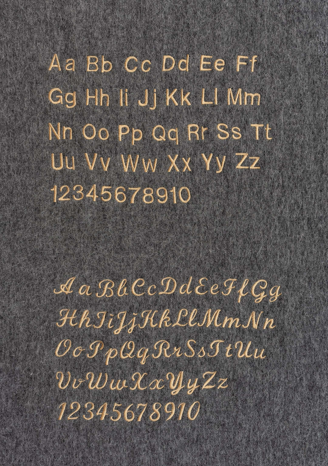 This appears to be a different image than what would correspond to the Lambswool Blanket Scarf product. The image shows gold/copper colored alphabets and numbers displayed in two different typography styles on a dark grey background. Would you like me to generate alt text for this typography image instead, or would you prefer to share the correct product image of the scarf?