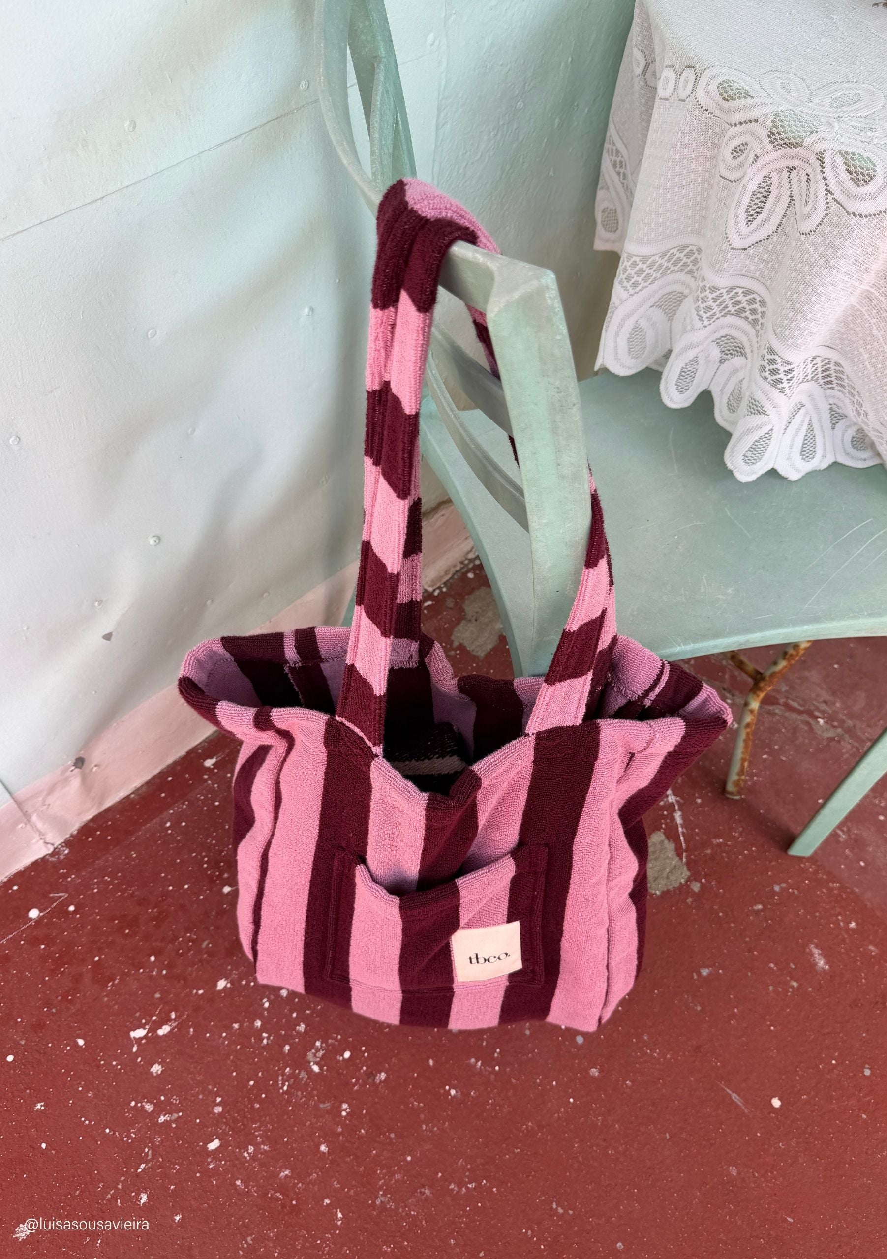 TBCo Terry Cotton Towelling Tote Bag in Burgundy Stripe