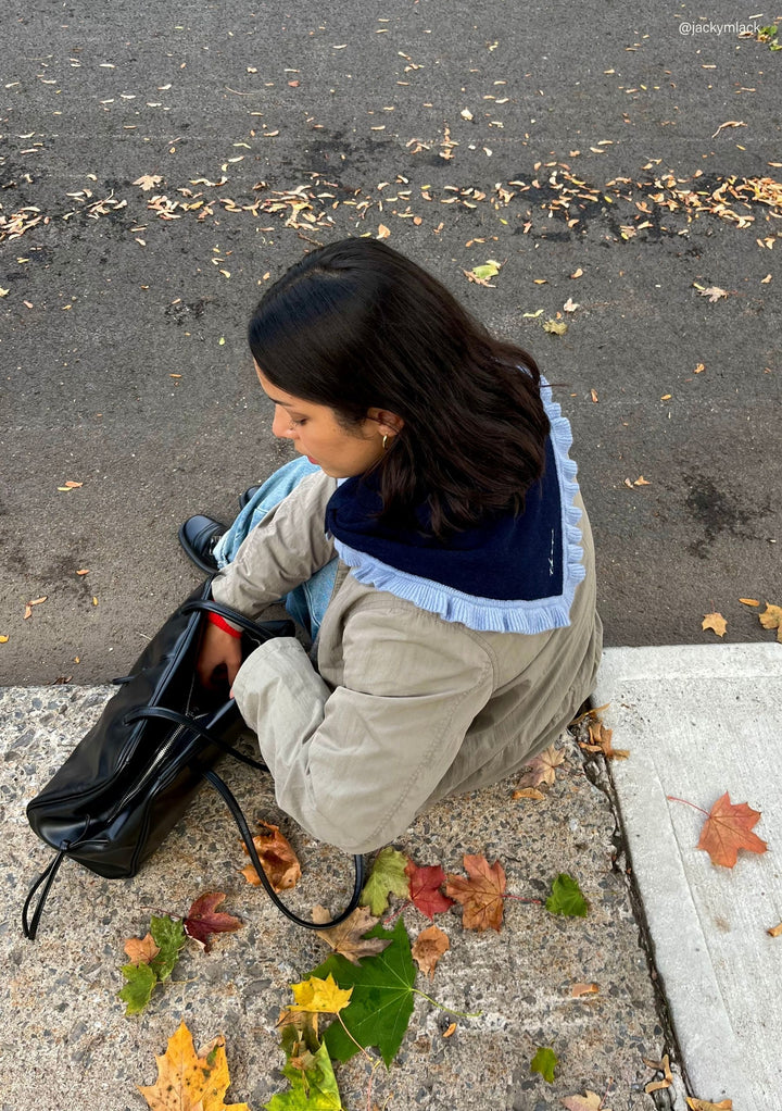Merino Wool Triangle Scarf in Navy Ruffle