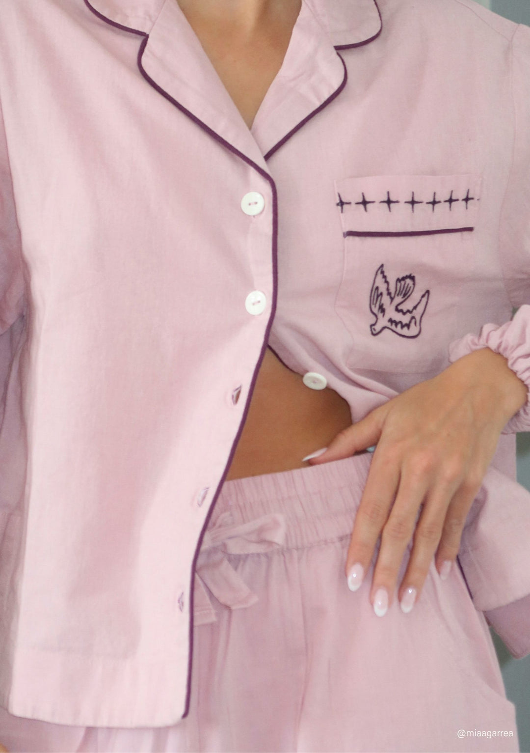 Pyjama court en coton et lin rose 