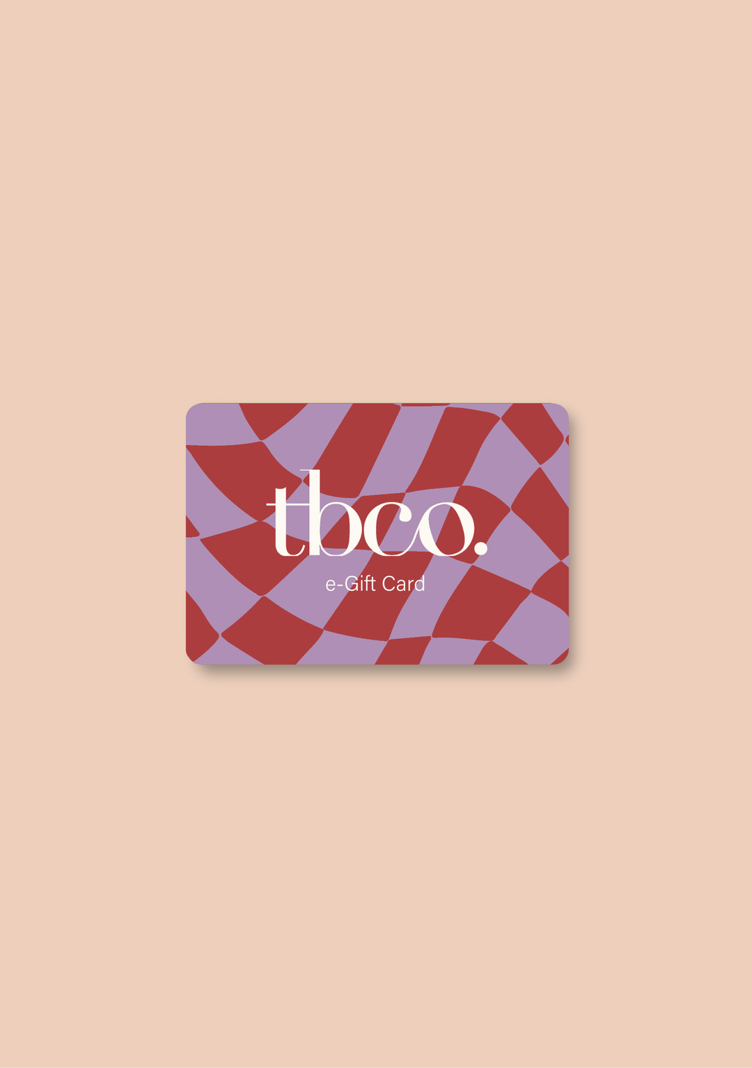 TBCo e-Gift Card featuring red and lilac checkerboard pattern on peach background, modern design with white TBCo logo