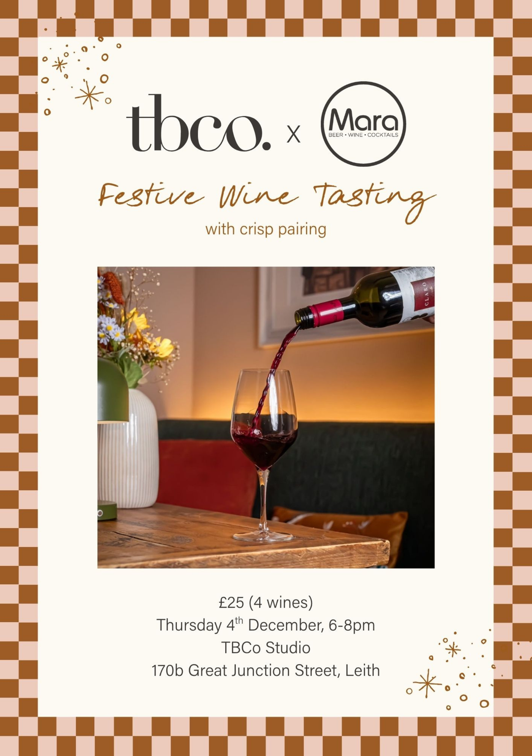 TBCo x Mara Festive Wine Tasting Event promotional image showing red wine being poured into a glass at TBCo Studio.