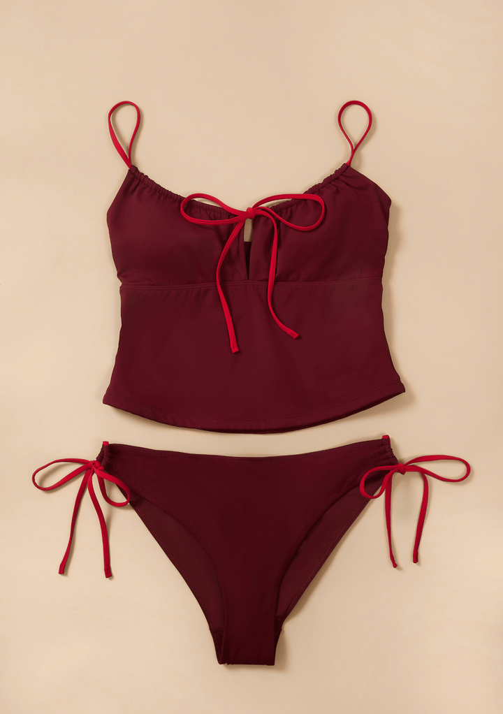 TBCo Tie Tankini Top and Bottoms in Burgundy & Red with natural and recycled fibres, Certified B-Corp, Women-Founded, designed to make an impact