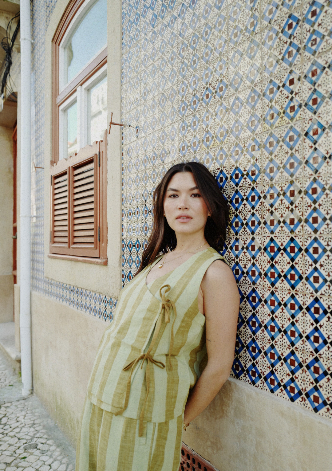 Cotton Tie Top in Green & Brown Stripe