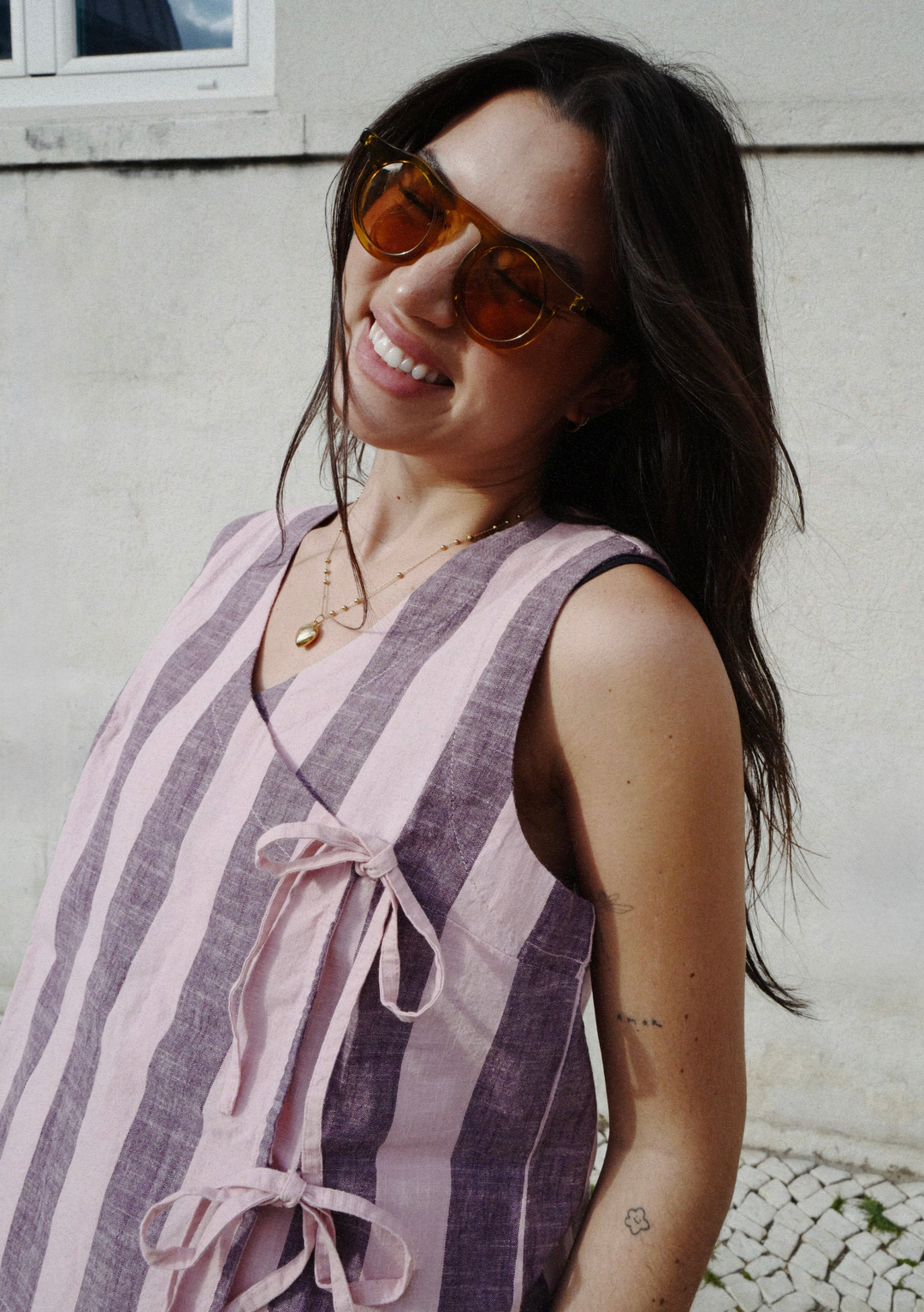 Cotton Tie Top in Pink & Burgundy Stripe