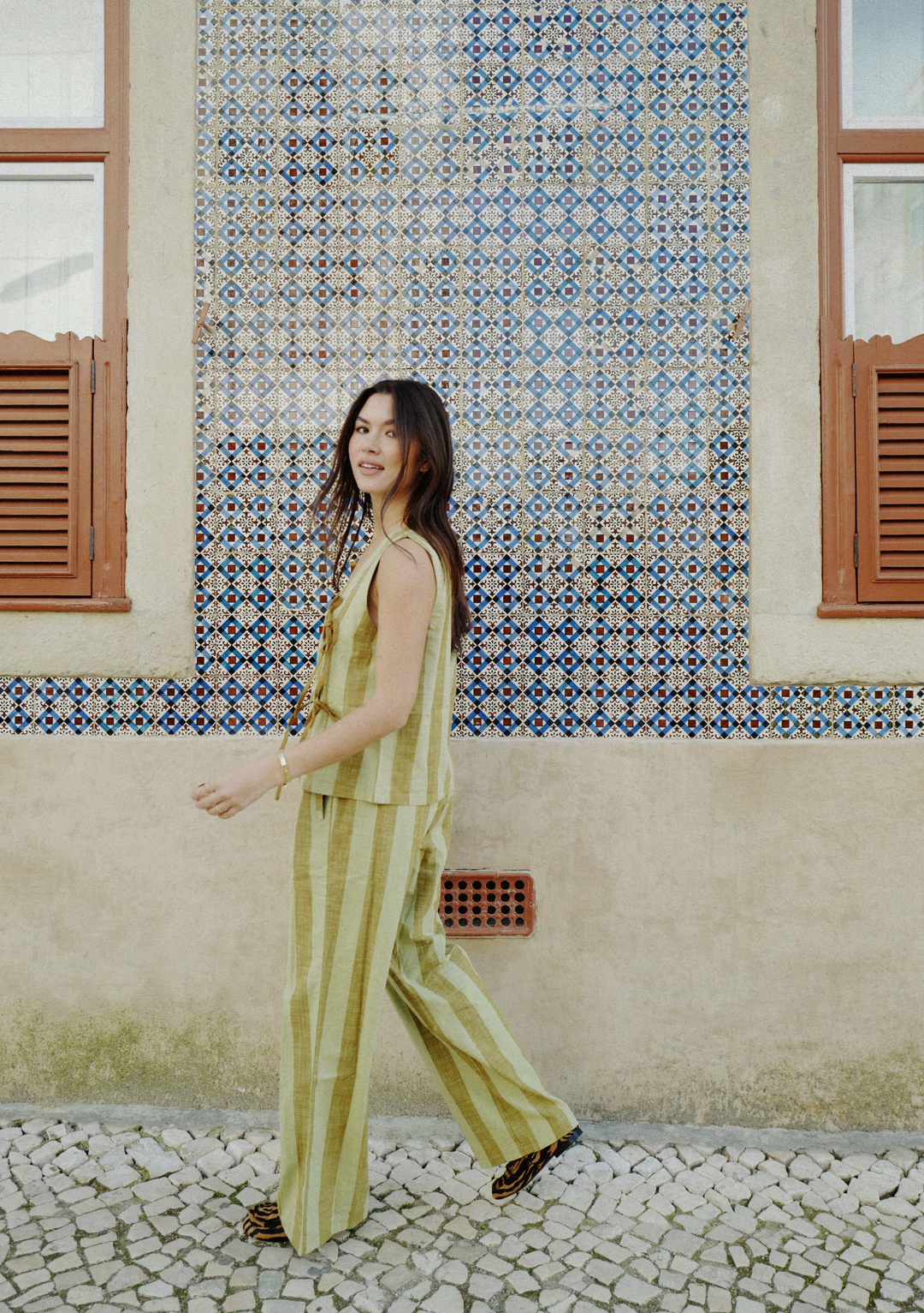 Cotton Trousers in Green & Brown Stripe