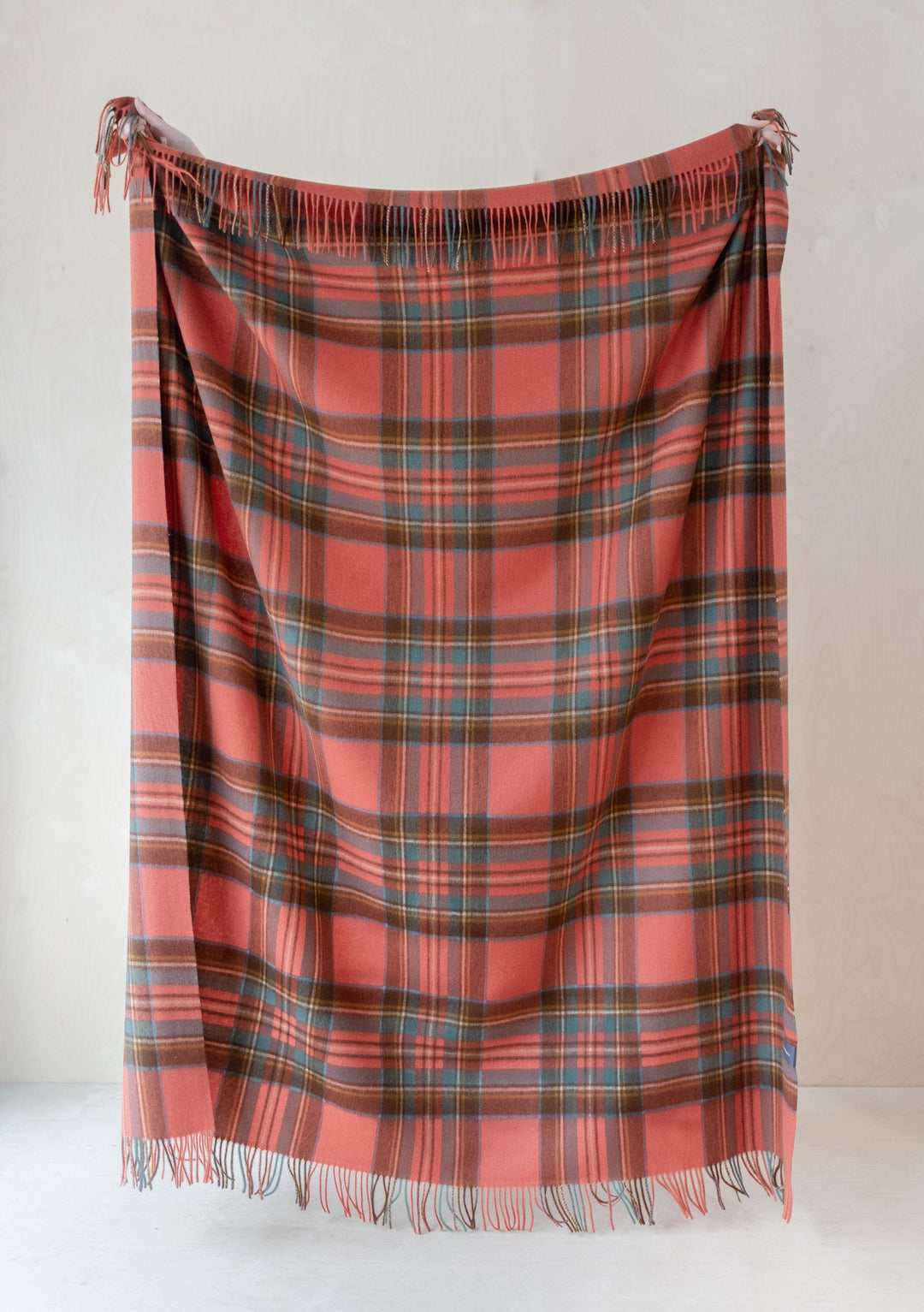 TBCo Lambswool Blanket in Stewart Royal Antique Tartan with fringed edges displayed flat against white background