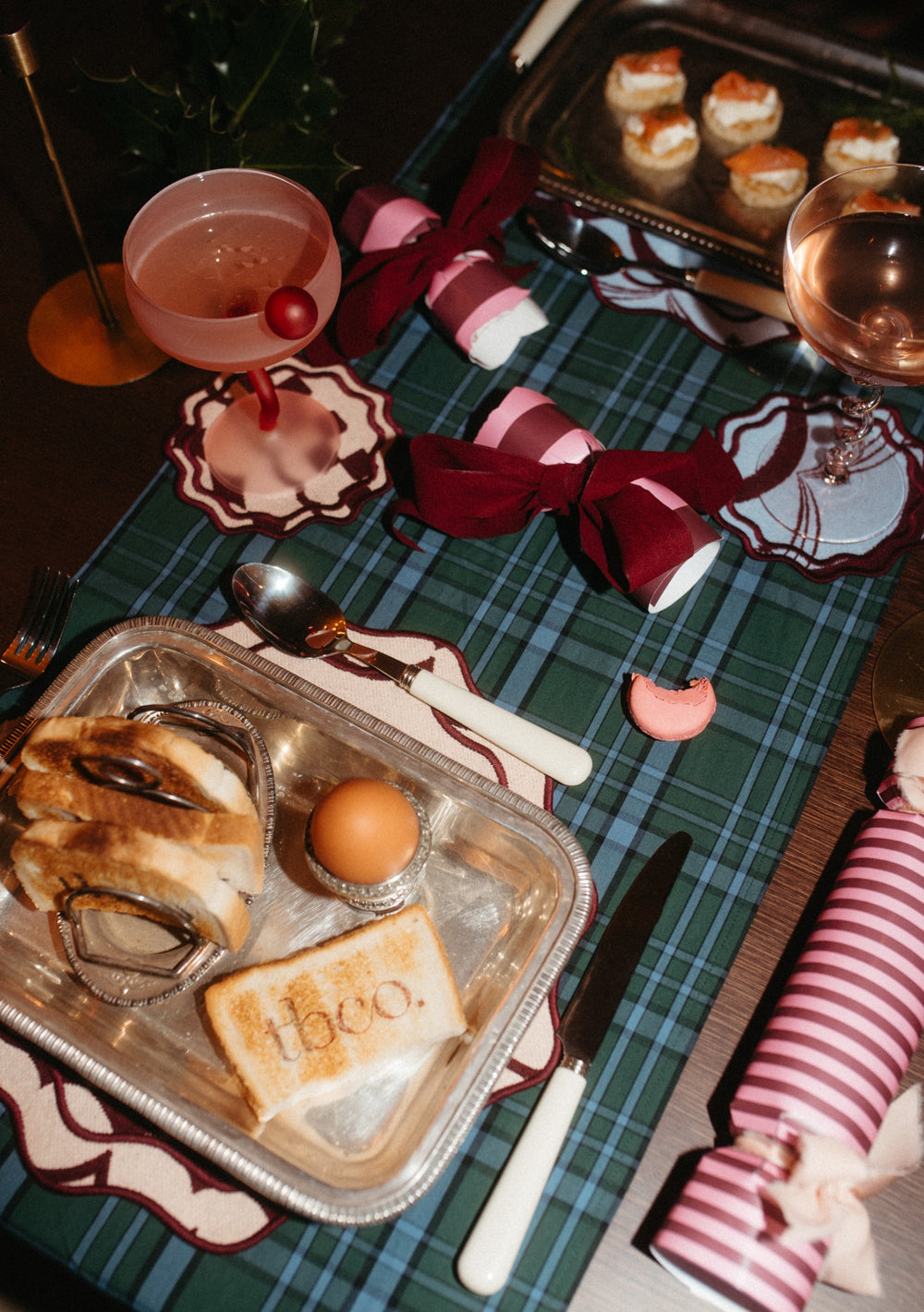 TBCo Tableware Set featuring tartan runner, decorative coasters, and elegant utensils for a stylish dining experience.