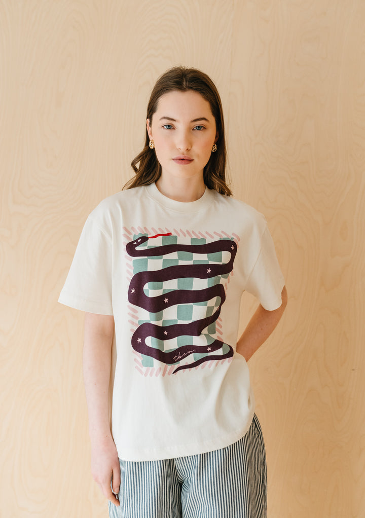 Cotton T-Shirt in Ecru Snake