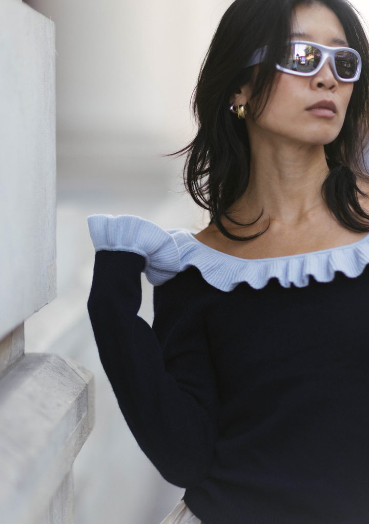 TBCo x Liu Merino Ruffle Jumper in Navy