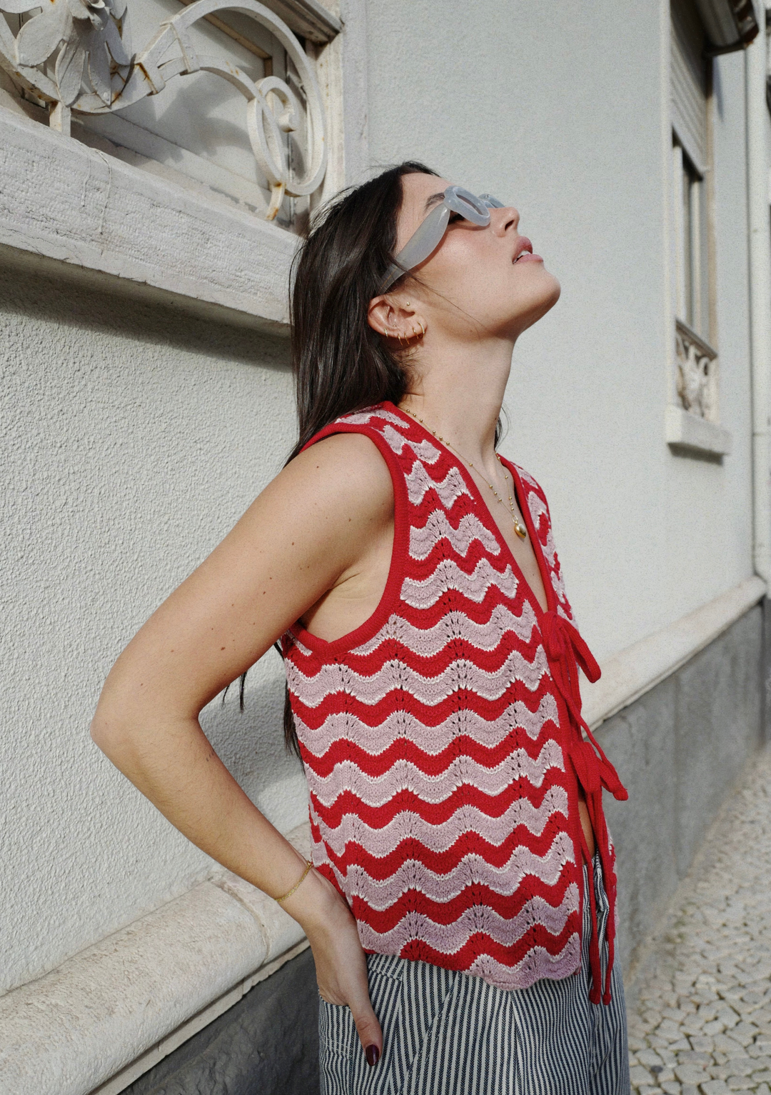 Strickweste aus Baumwolle in Rosa Wellen