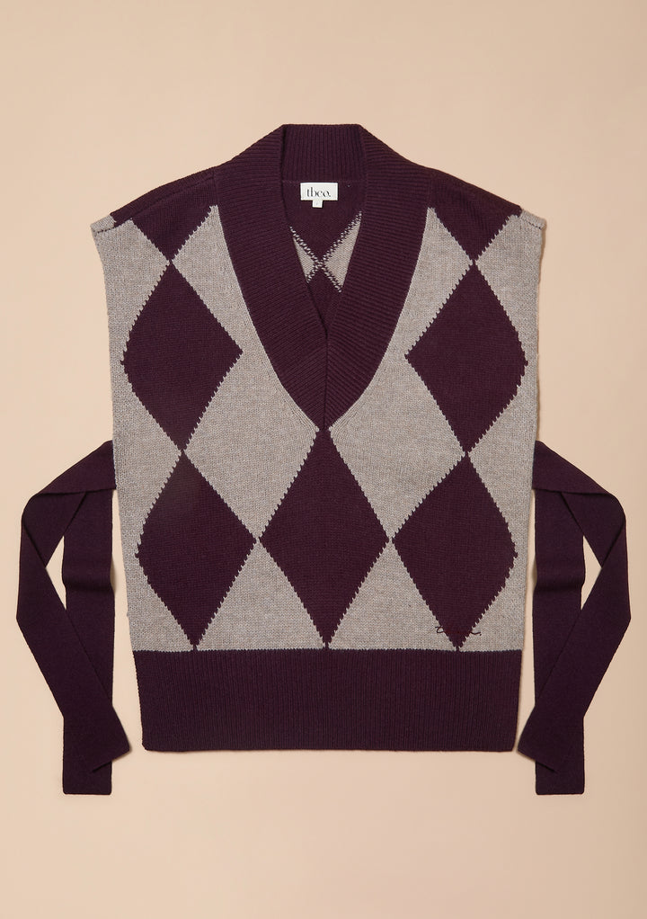 Merino Wool Oversized V-Neck Vest in Fig Argyle