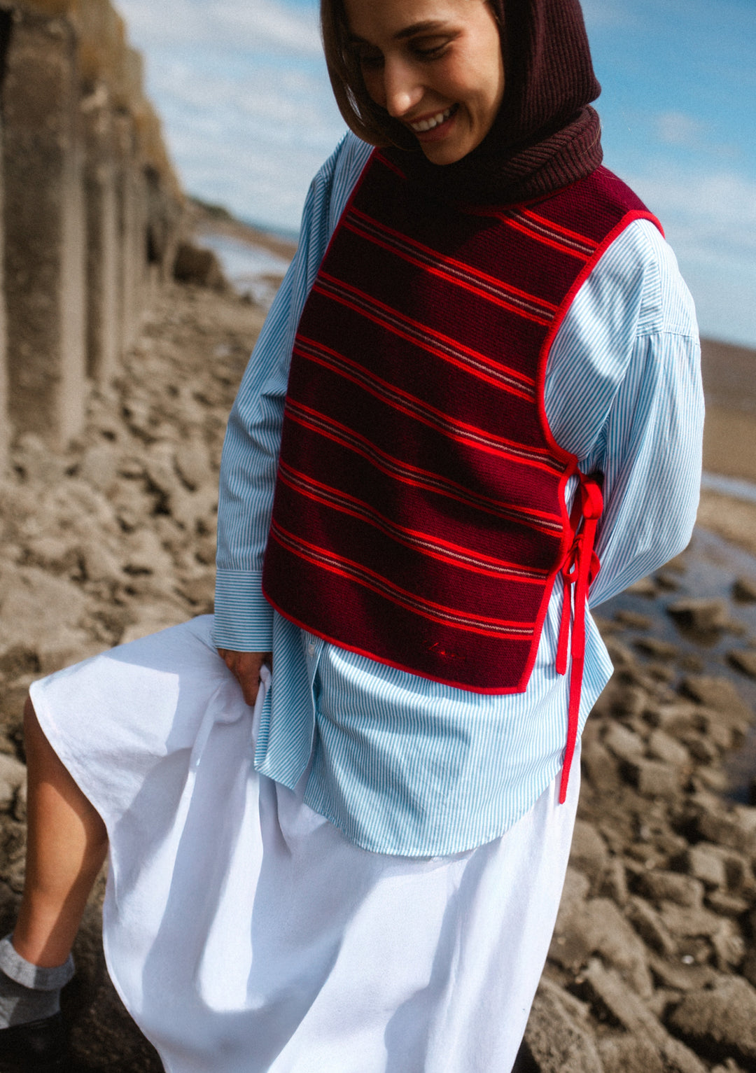 Merino Wool Tie Vest in Burgundy Stripe
