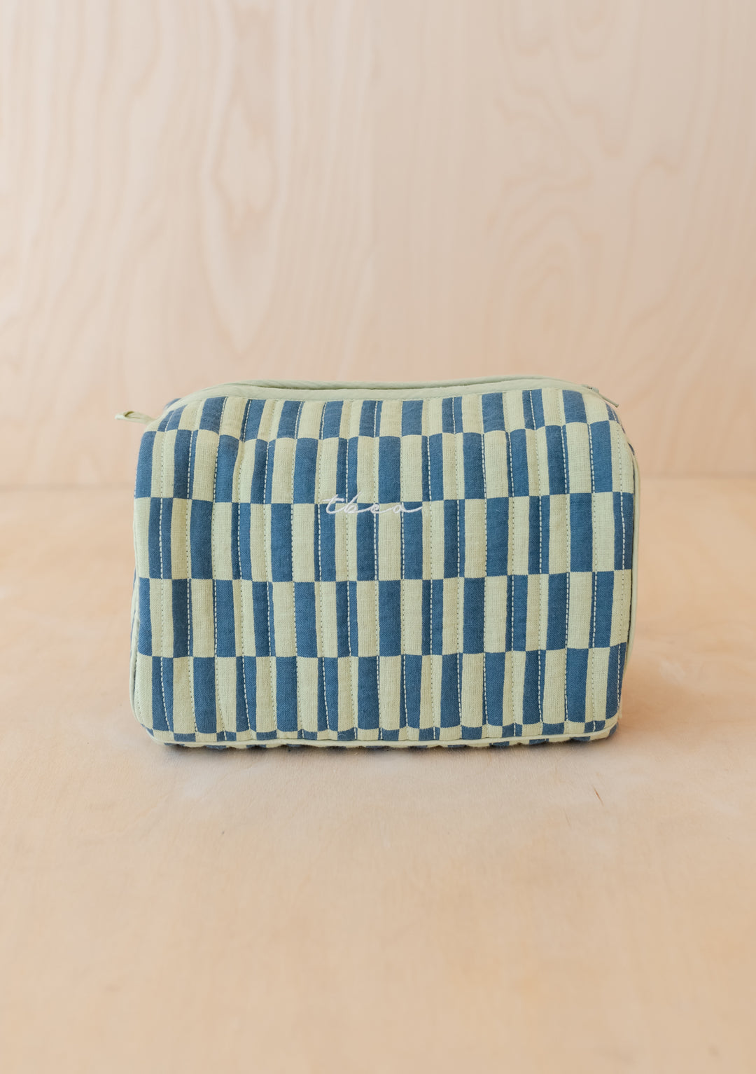 TBCo Cotton Wash Bag featuring green and blue checkerboard pattern with quilted design and zip closure