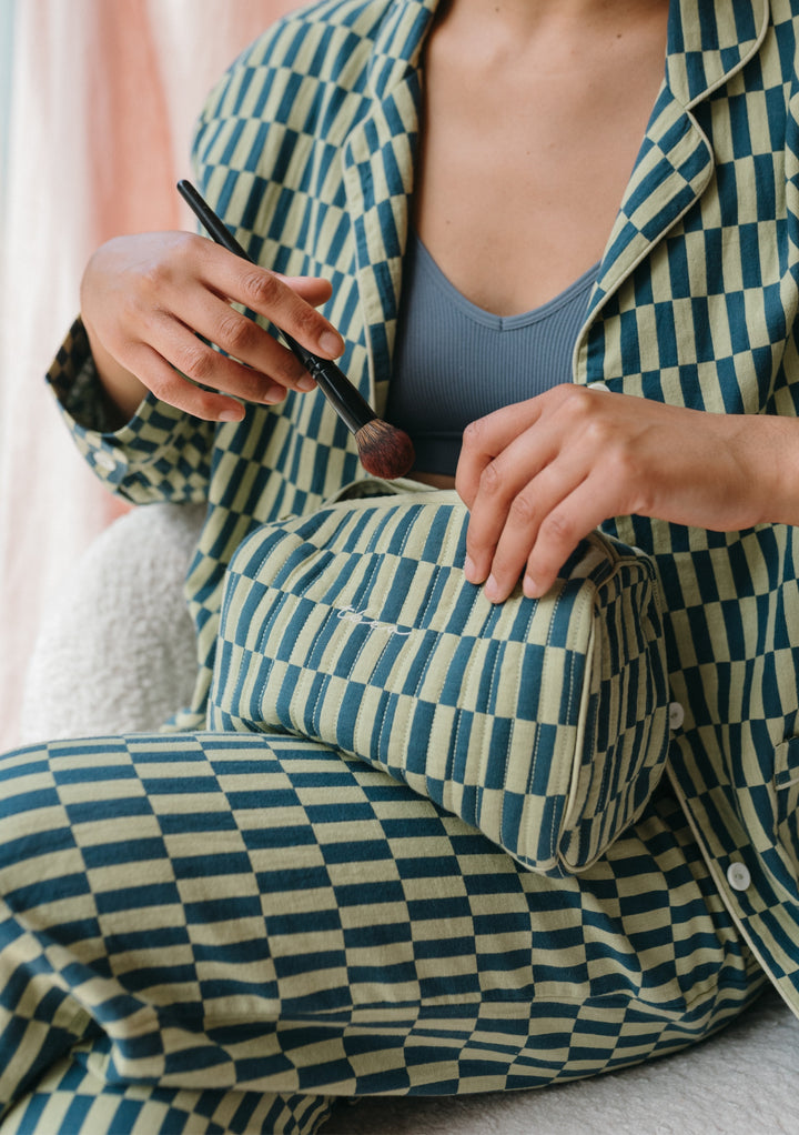 TBCo Sleepwear Set in geometric blue and cream pattern, shown with makeup brush and cosy ribbed loungewear