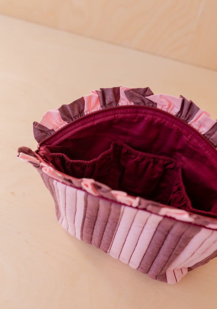 Cotton Wash Bag in Pink & Burgundy Stripe