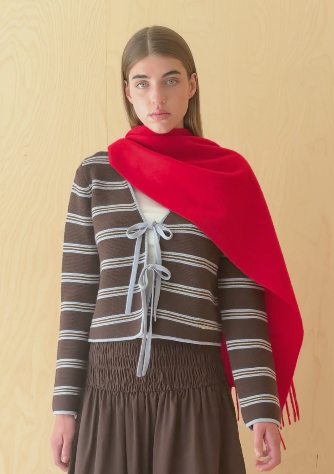 Merino Wool Tie Cardigan in Brown Stripe