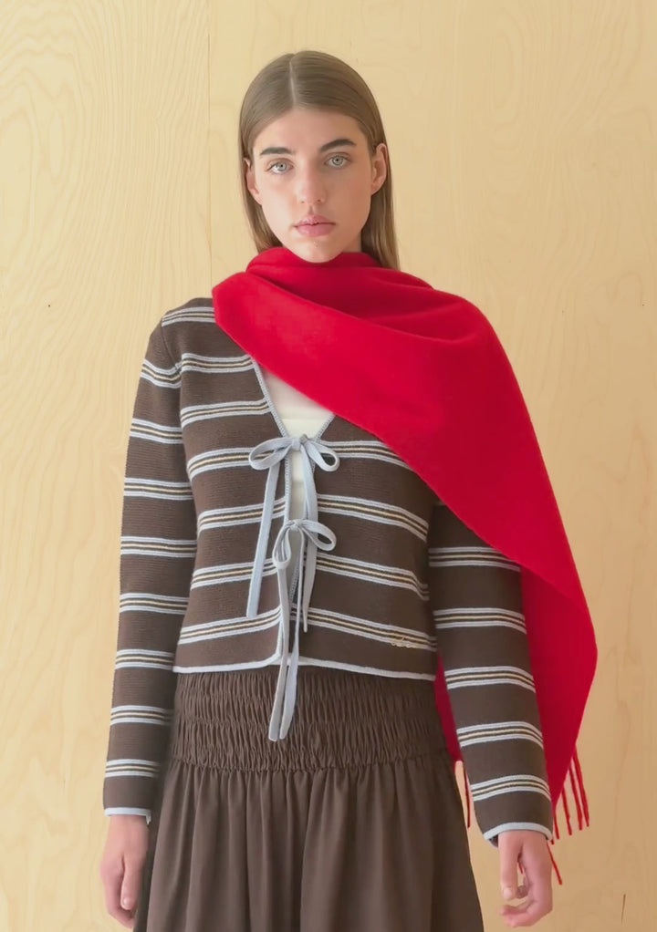 Merino Wool Tie Cardigan in Brown Stripe