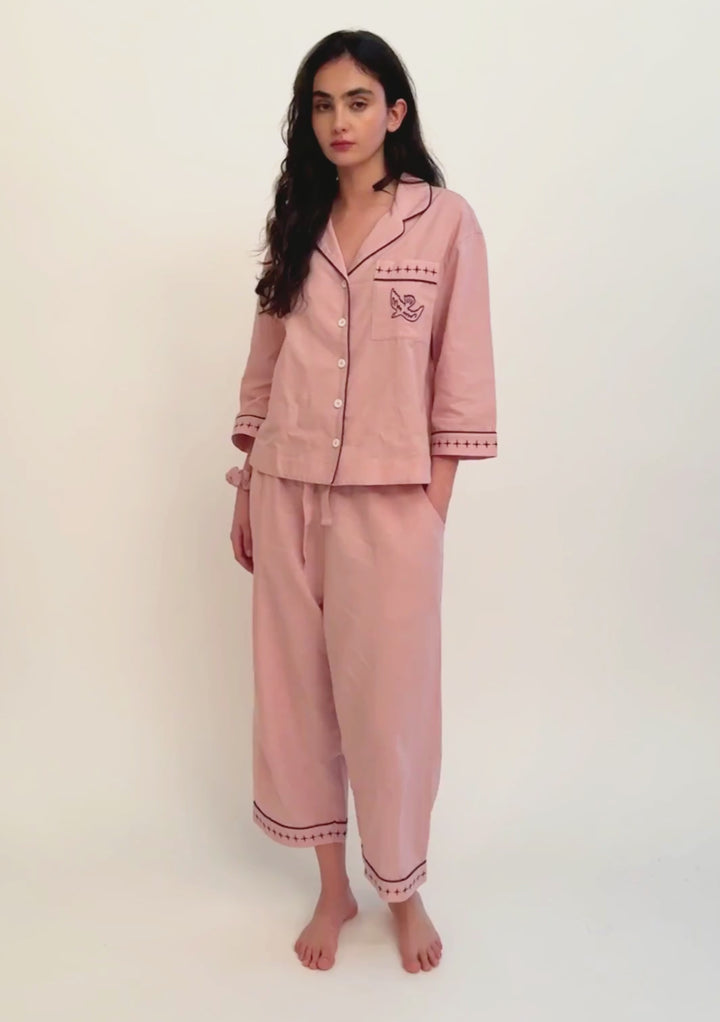 Cropped Cotton & Linen Pyjamas in Pink