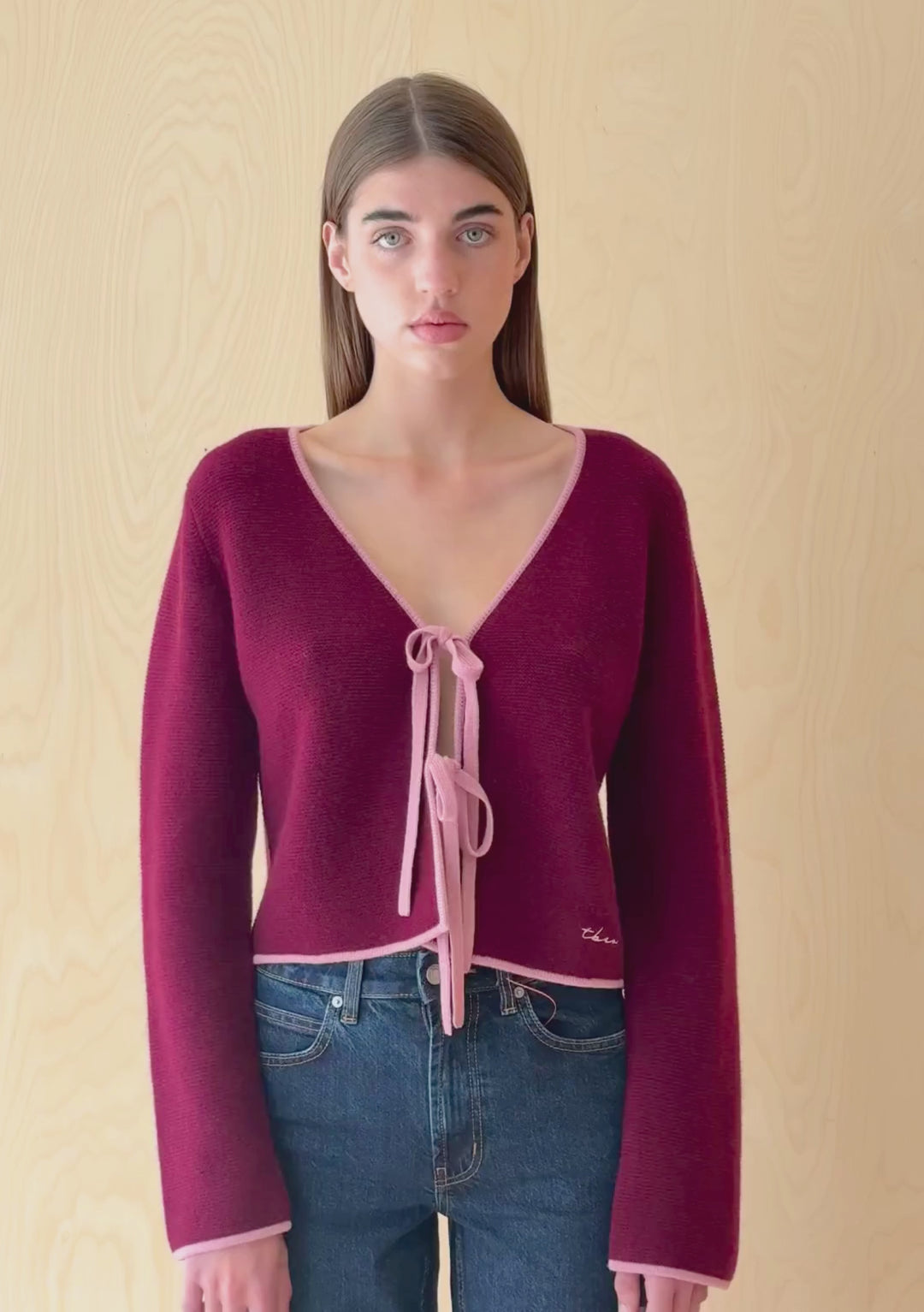 Merino Wool Tie Cardigan in Burgundy