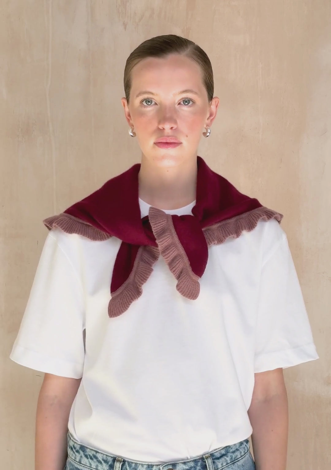 Merino Wool Triangle Scarf in Burgundy Ruffle