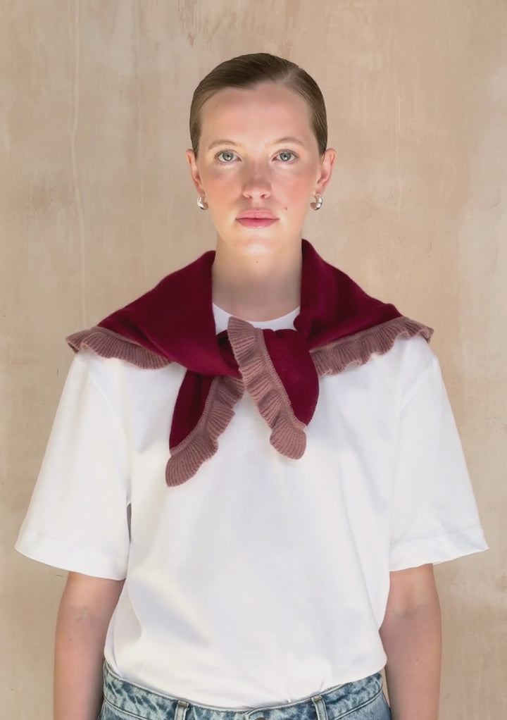 Merino Wool Triangle Scarf in Burgundy Ruffle