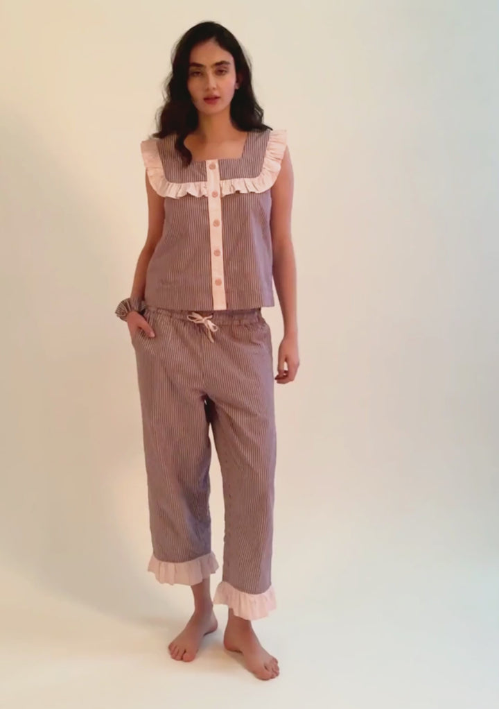 Cropped Cotton Pyjamas in Burgundy Stripe Ruffle