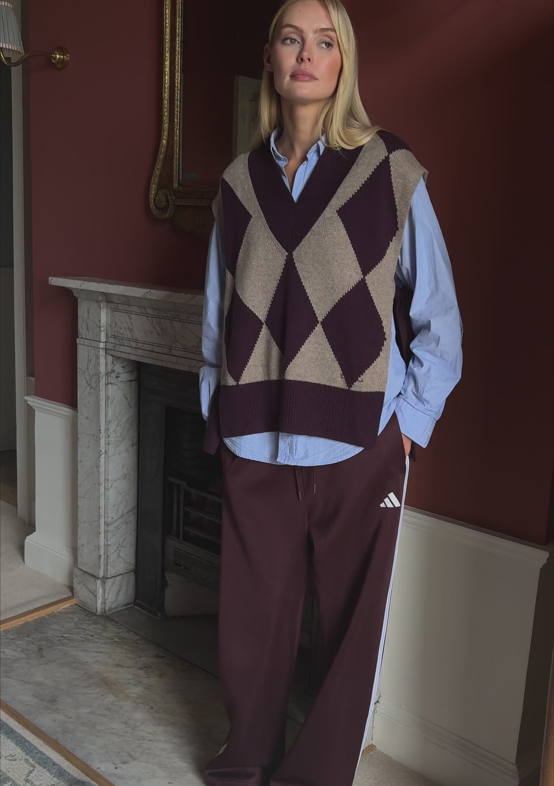 Merinowolle Oversized V-Neck Weste im Argyle-Muster in Fig
