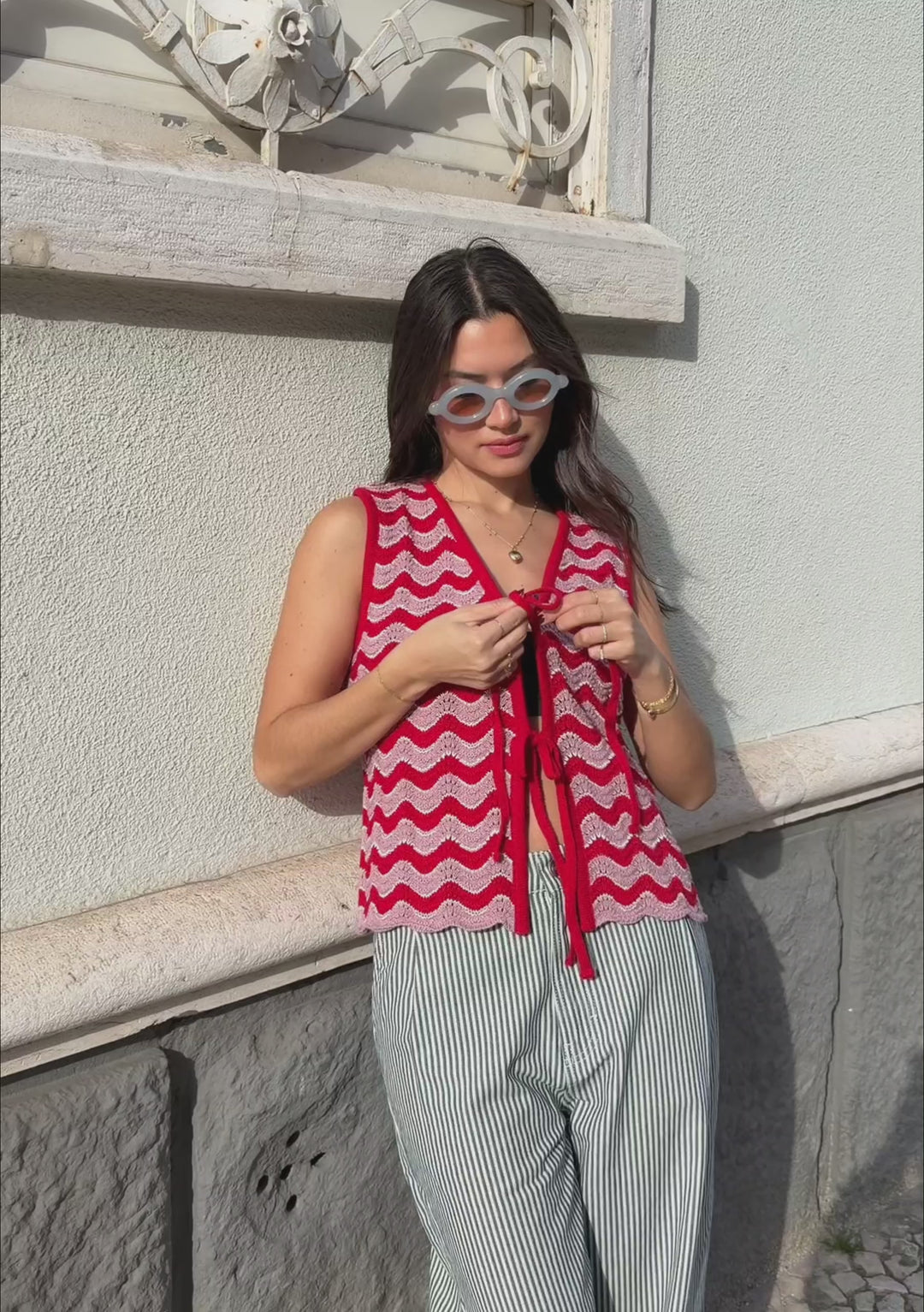 Strickweste aus Baumwolle in Rosa Wellen